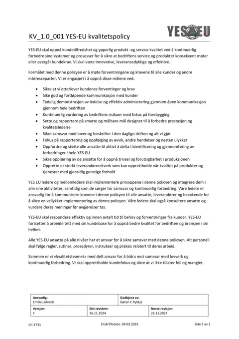 Preview of Quality policy (Norwegian)