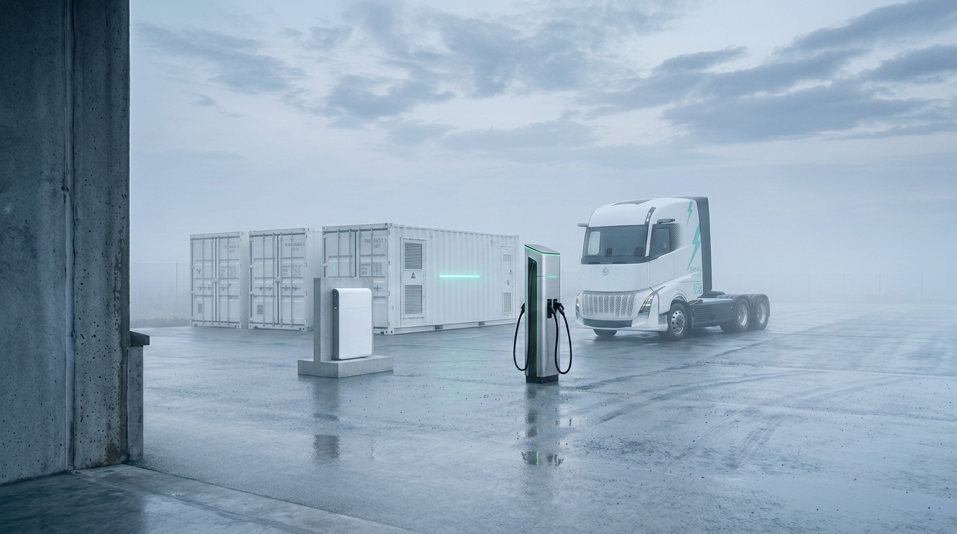 The complete YES-EU portfolio in one yard: e-truck, BESS containers, DC supercharger and home battery